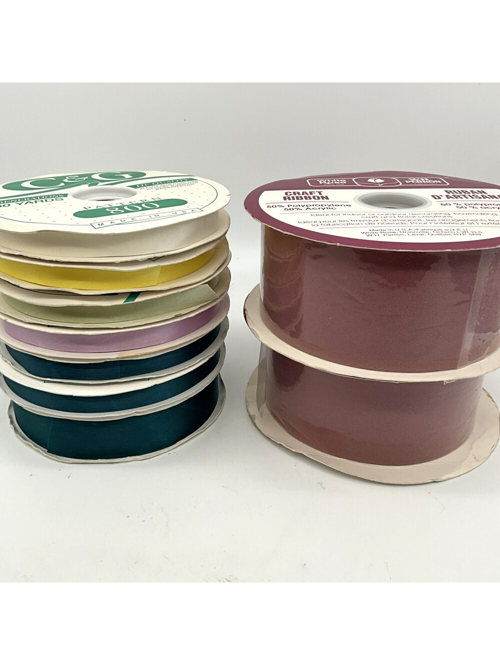 Lot 9 Rolls Craft Ribbon C&G & White Rose Satin Acetate Nearly Full Made In USA